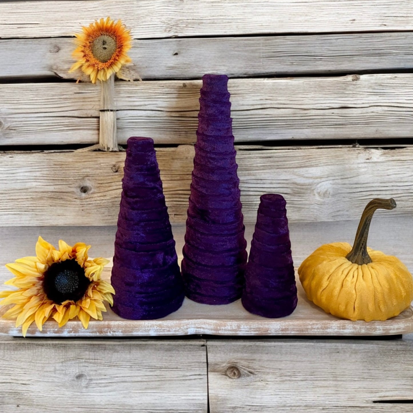 PURPLE Crushed Velvet Decorative CONE Set of 3 Rustic Wedding Centerpiece Reception Decor Host Gift Set Chic Home Decor