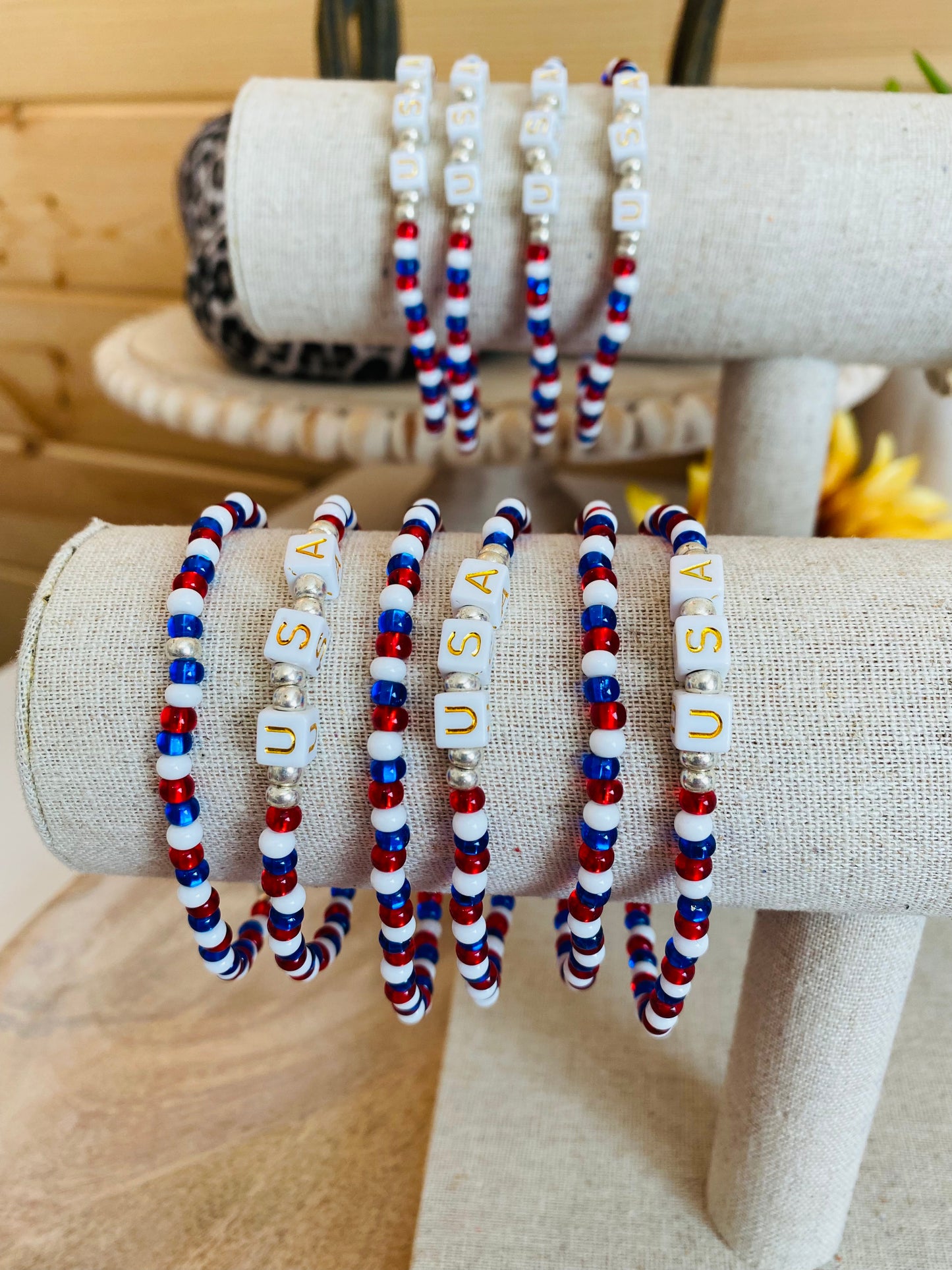 USA Bracelet Red White and Blue Stretchy Handcrafted Bracelet Beaded Americana Glam Patriotic Chic Arm Candy Unisex Jewelry Bracelet Gift