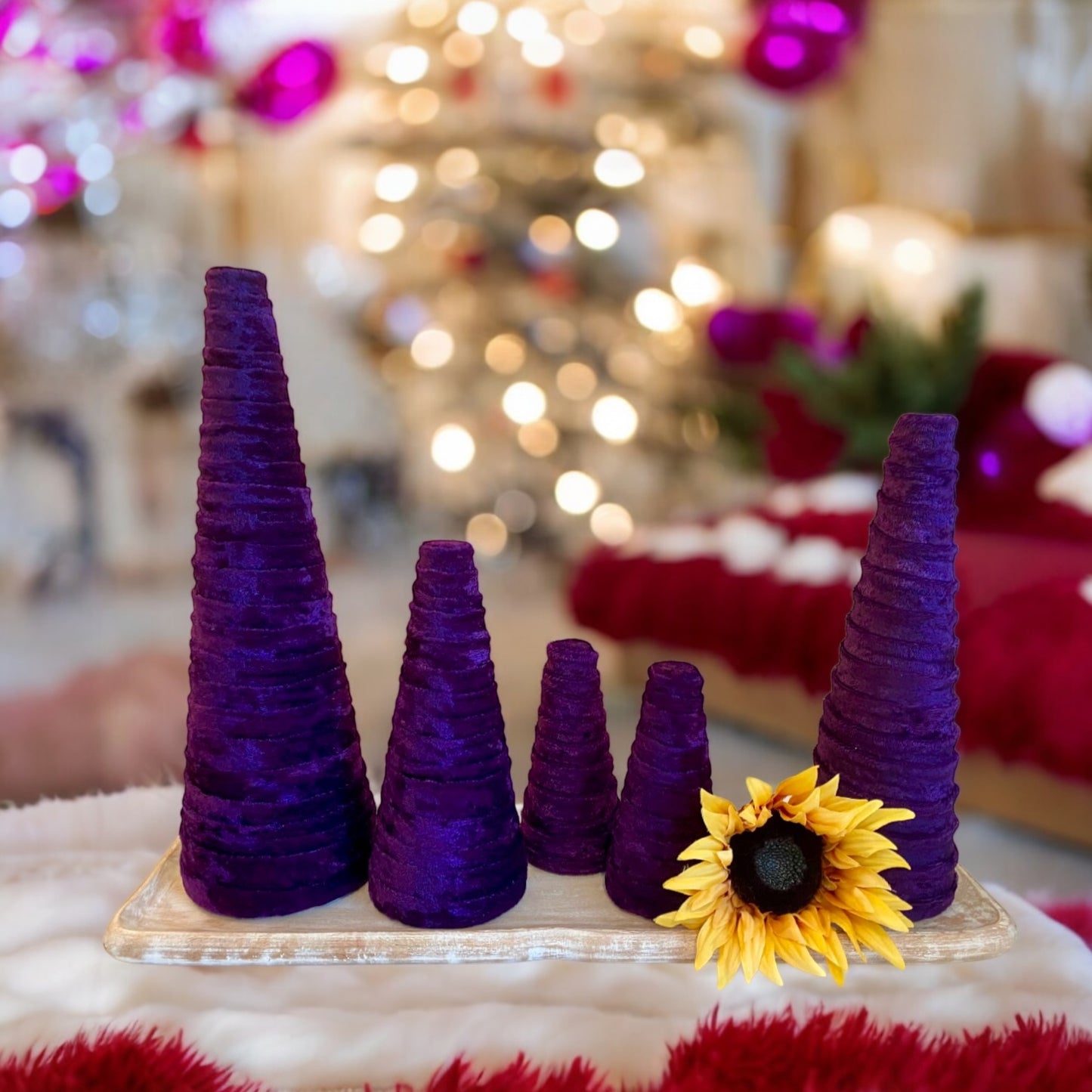 PURPLE Crushed Velvet Decorative CONE Tree Wedding Centerpieces Spring Home Decor Host Gift Set of 5