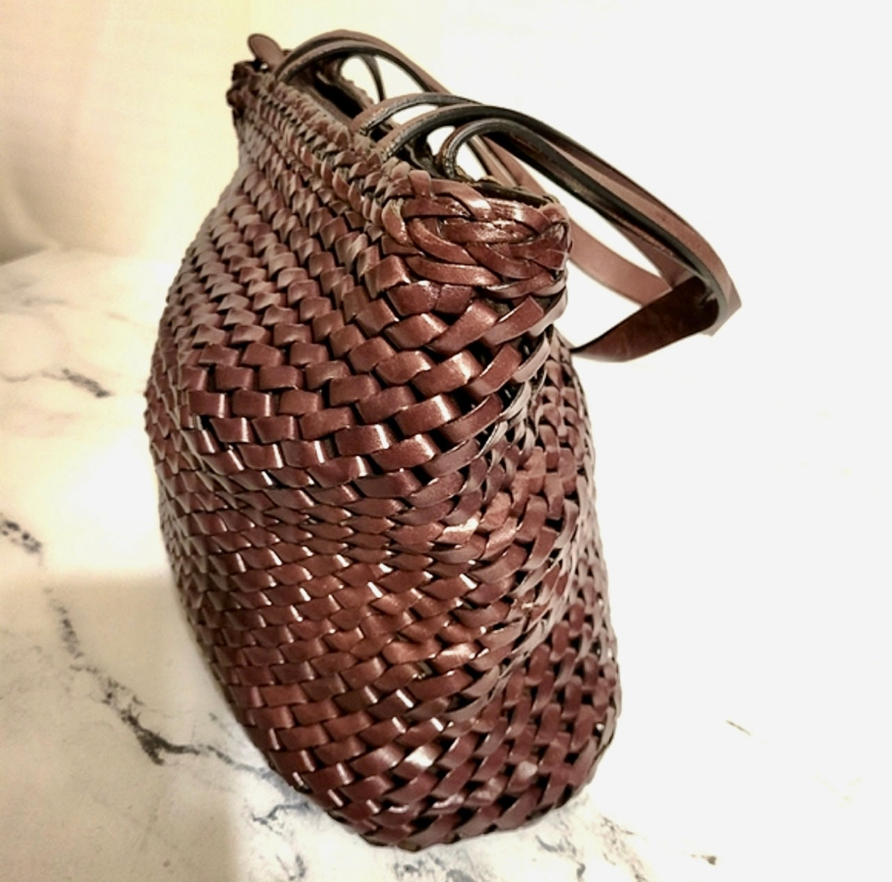 ‼️SOLD‼️ Woven Brown Leather Tote Bag Bucket Bag Fabric Lined by HOBO International