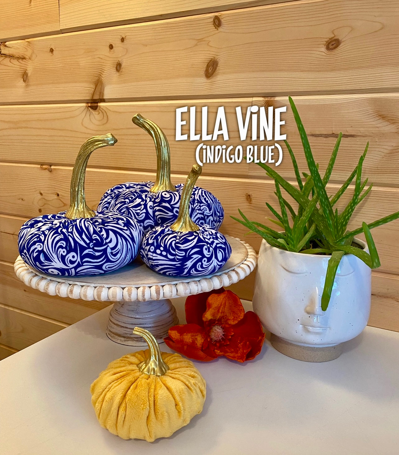 SMALL BLUE and WHITE PRINT FABRIC PUMPKIN - ELLA VINE INDIGO BLUE