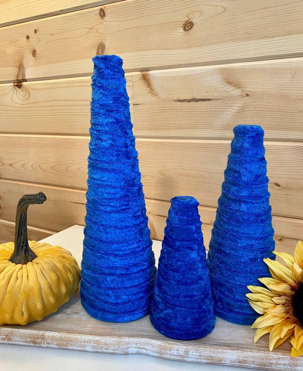 Decorative CONE Trees BLUE CRUSH Velvet Set of 3