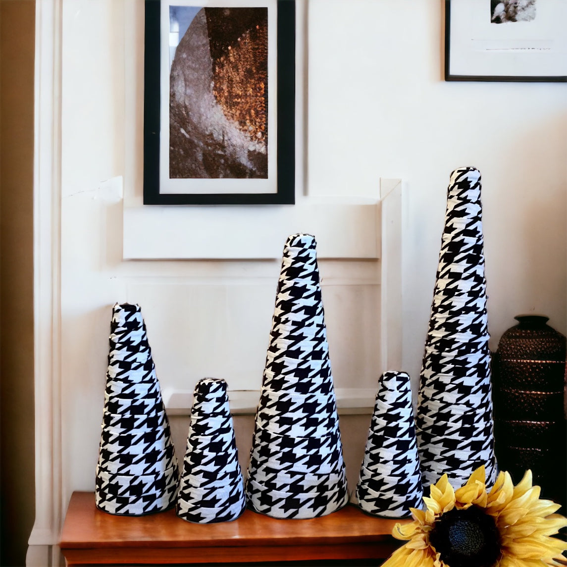 BLACK & WHITE HOUNDSTOOTH Print Fabric Decorative CONE Tree Wedding Centerpieces Spring Home Decor Holiday Gift Set of 5