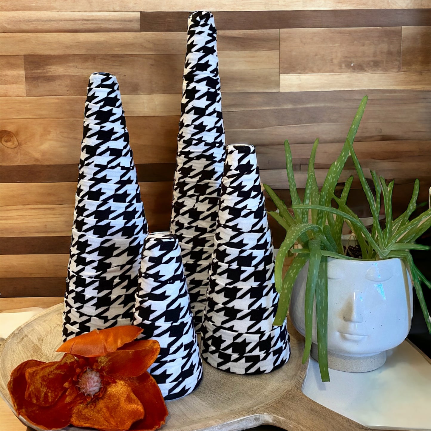 Decorative CONE Tree Centerpieces BLACK and WHITE Houndstooth Print Handcrafted Fabric Cones Country Chic Farmhouse Glam Set of 4