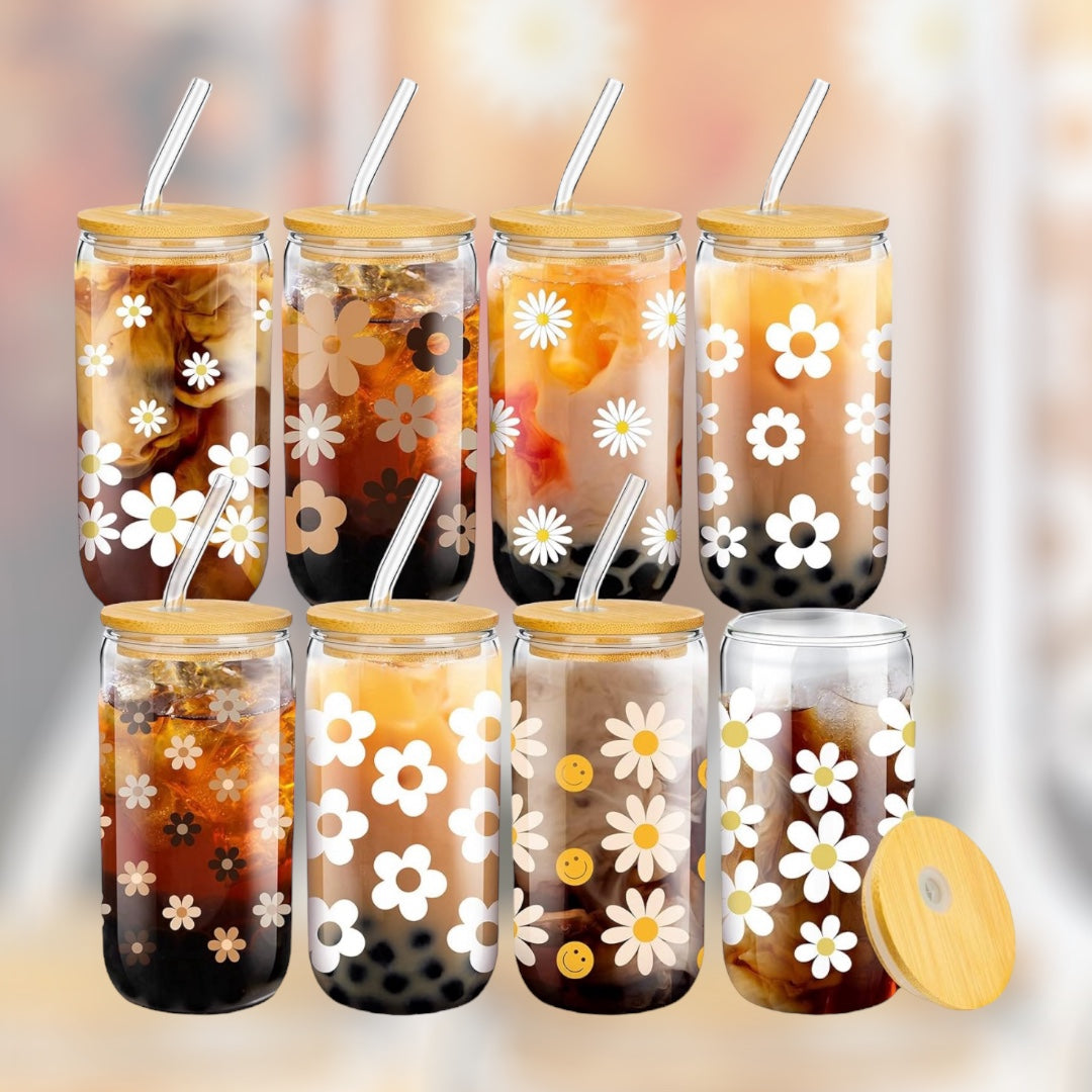 WHOLESALE REUSABLE GLASS TUMBLER CUP SETS - MULTI DAISY PRINT - MUST ORDER 3 TOTAL SETS