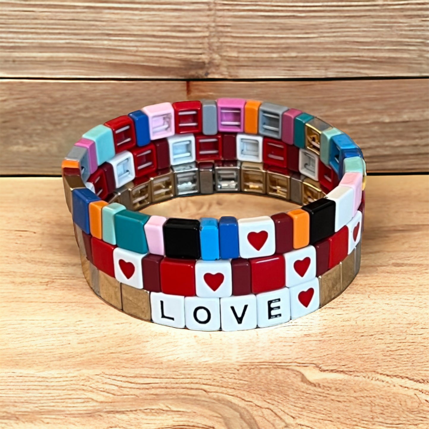 Bracelet Stretch RAINBOW HEART Bracelet Ceramic Enamel Multicolored Stretch Bracelet Arm Party Stack Bracelet Jewelry Gift for Her Arm Candy