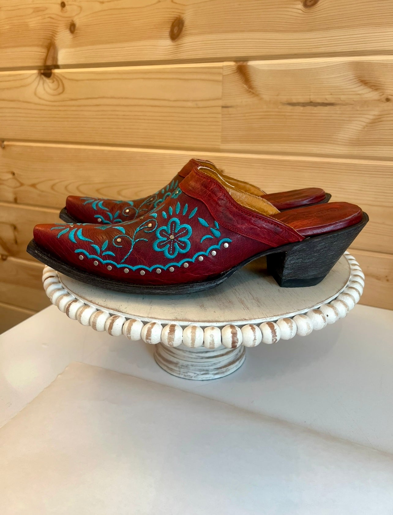 OLD GRING AMBER ML3105-1 RED TURQUOISE FLORAL EMBROIDERED LEATHER MULES