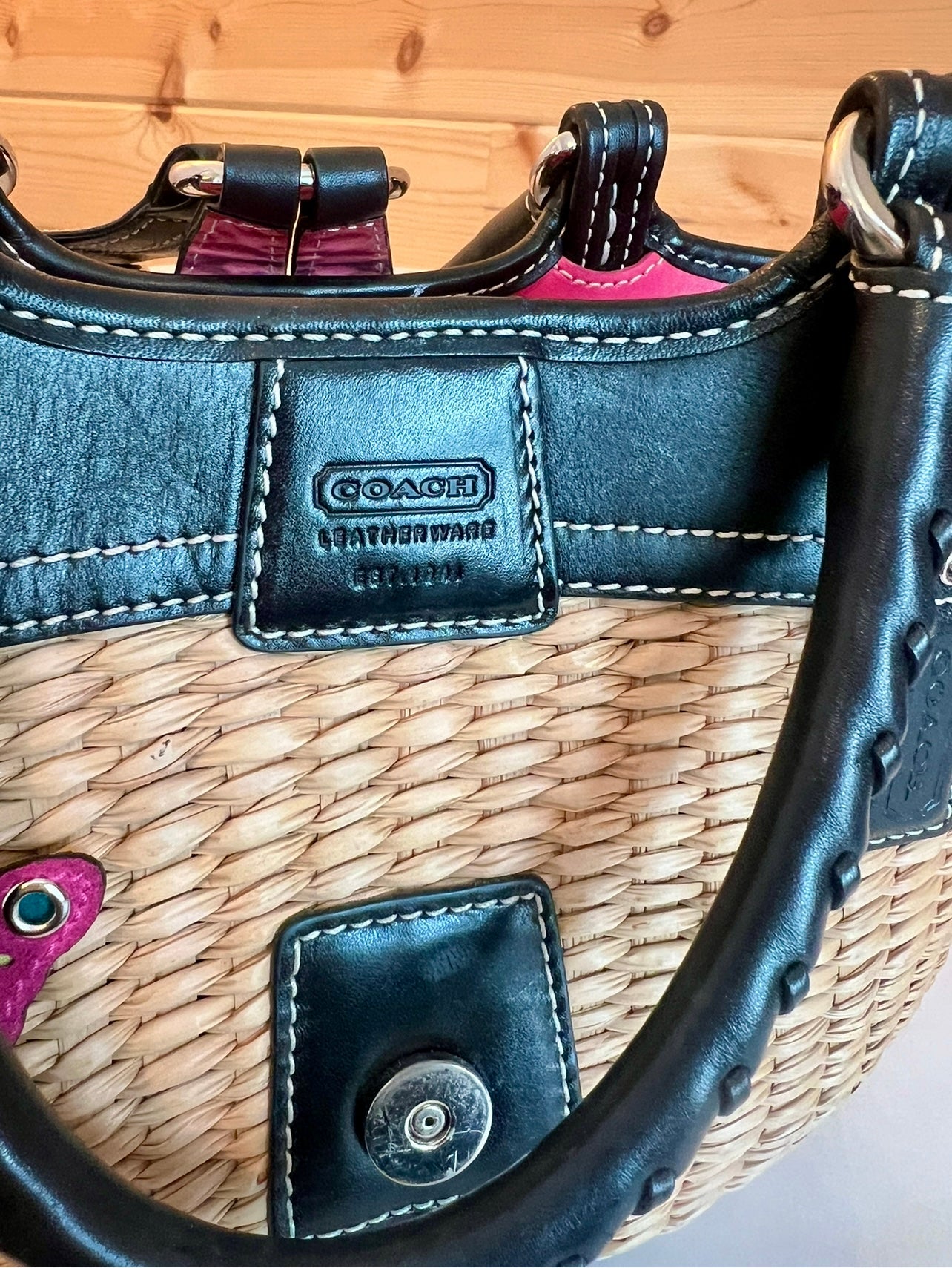 ‼️SOLD‼️ COACH Vintage Basket Purse Black Leather Trim with Pink Suede Butterfly 6270