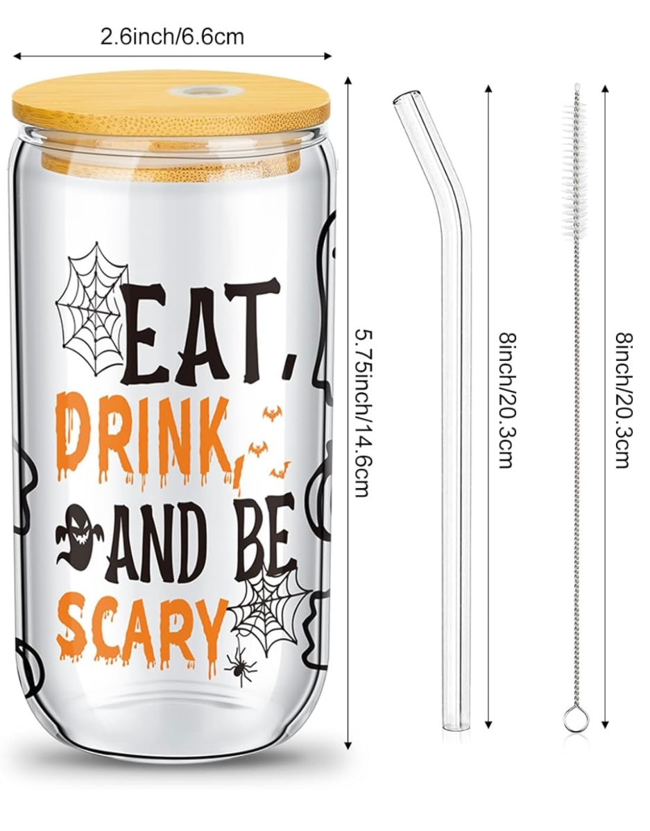 WHOLESALE REUSABLE GLASS TUMBLER CUPS - FUN HALLOWEEN PRINT - MUST ORDER 3 TOTAL SETS