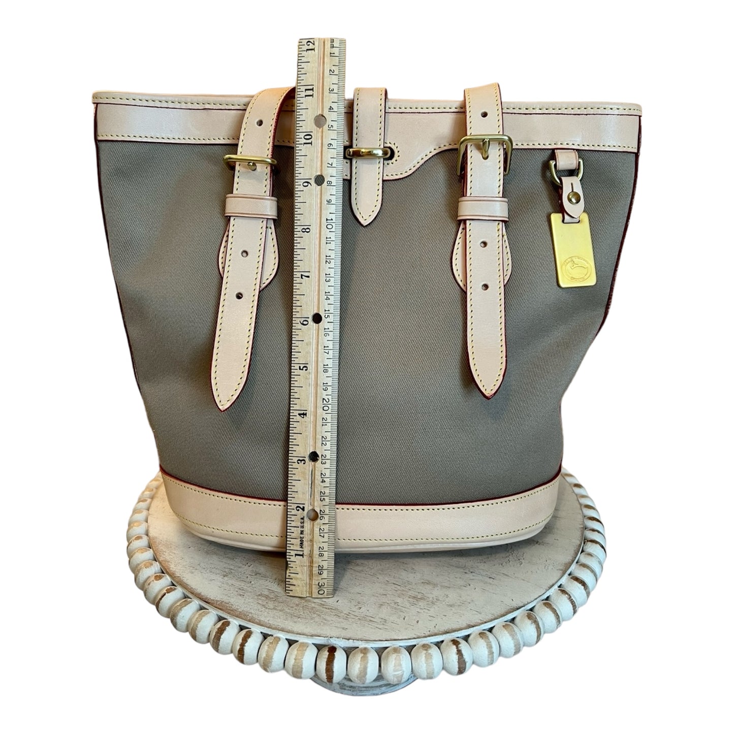 Dooney & Bourke Vintage Cabriolet Taupe Canvas & Florentine Leather Bucket Tote Shoulder Bag Made in the USA