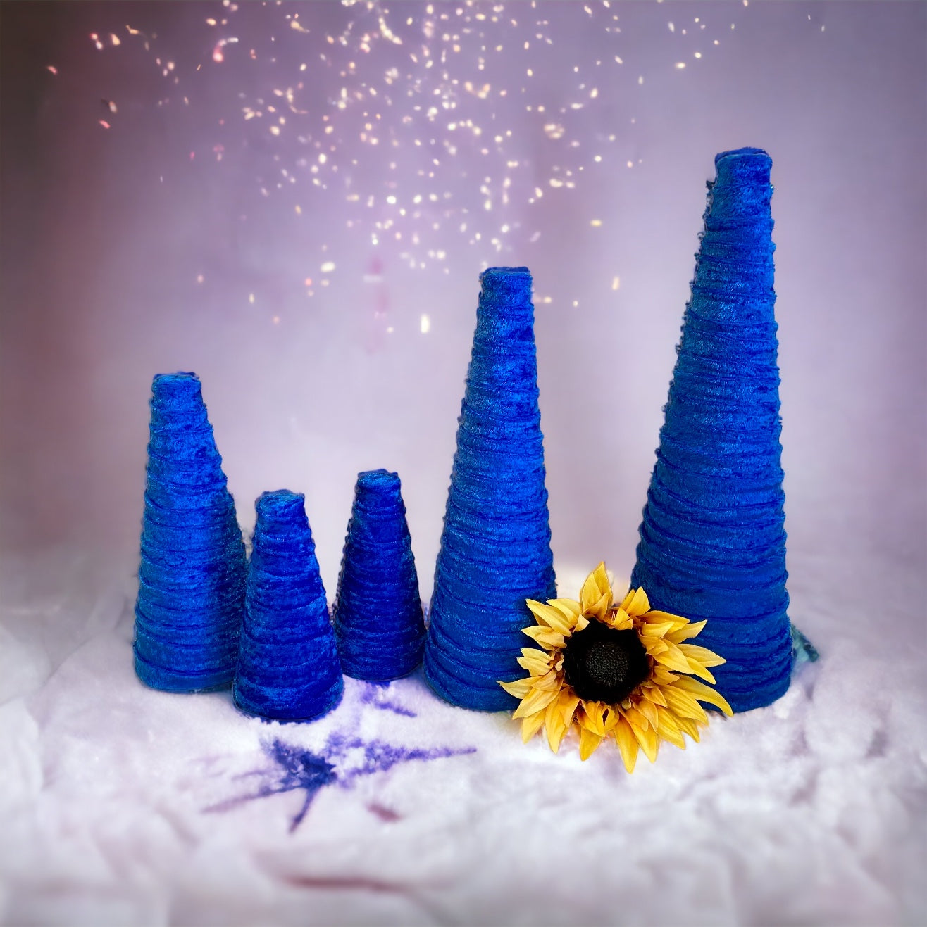 Decorative CONE Trees BLUE CRUSH Velvet Tree Set of 5