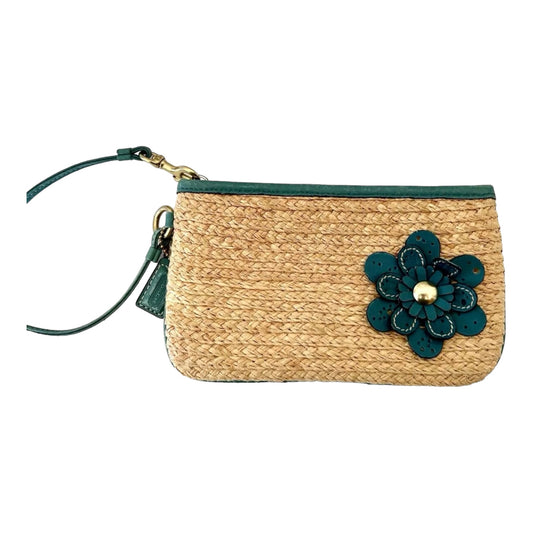 COACH Natural/Teal Hampton Straw Flower Appliqué Patch Medium Wristlet/Clutch