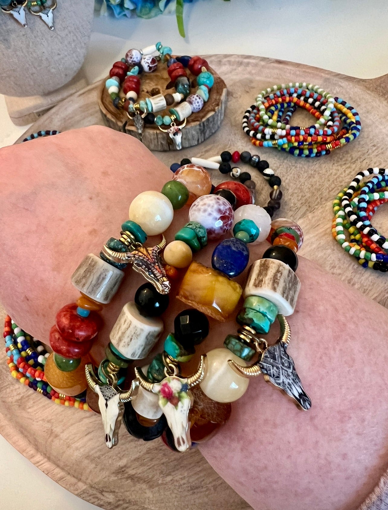 Handcrafted Unisex Necklaces Bracelets Multi Semi-Precious Beaded Layer Necklaces Stretchy Stack Bracelets THE YELLOWSTONE COLLECTION