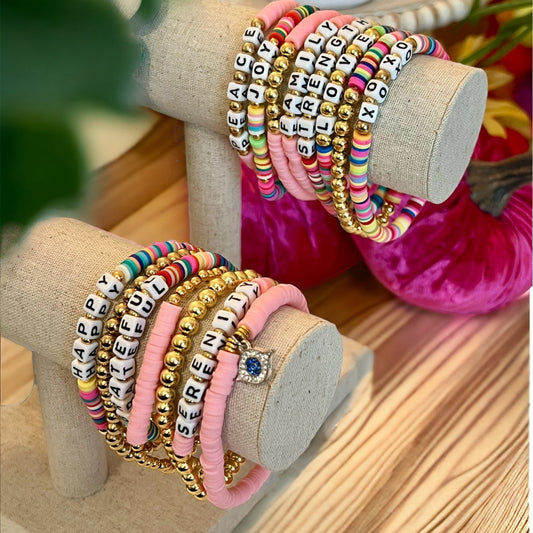 Bracelet Gift Set Stretchy Stack Bracelet Ensemble Love Celebration Collection Peace Love Joy Pink Polymer Clay Disks Rainbow Gold Beads