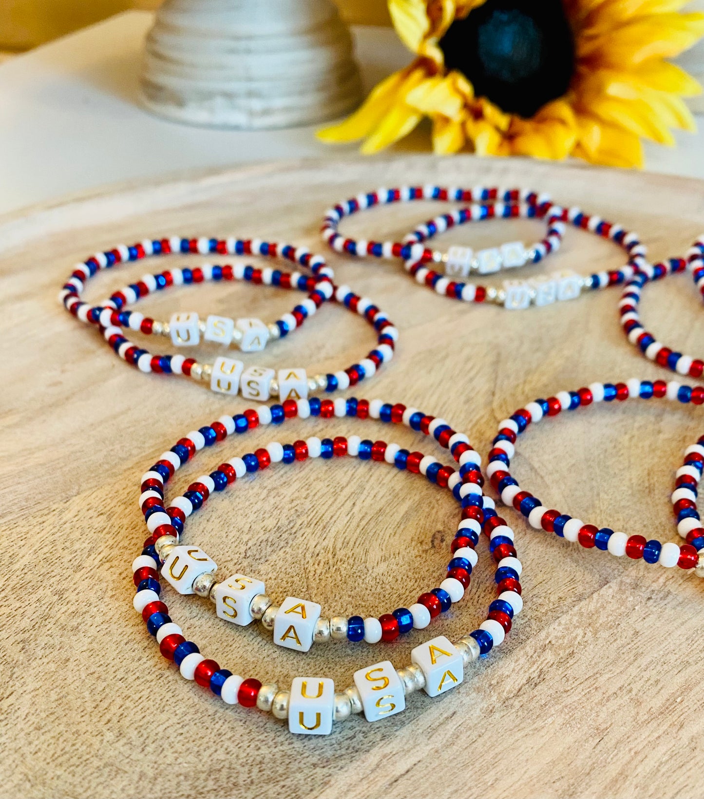 USA Bracelet Red White and Blue Stretchy Handcrafted Bracelet Beaded Americana Glam Patriotic Chic Arm Candy Unisex Jewelry Bracelet Gift