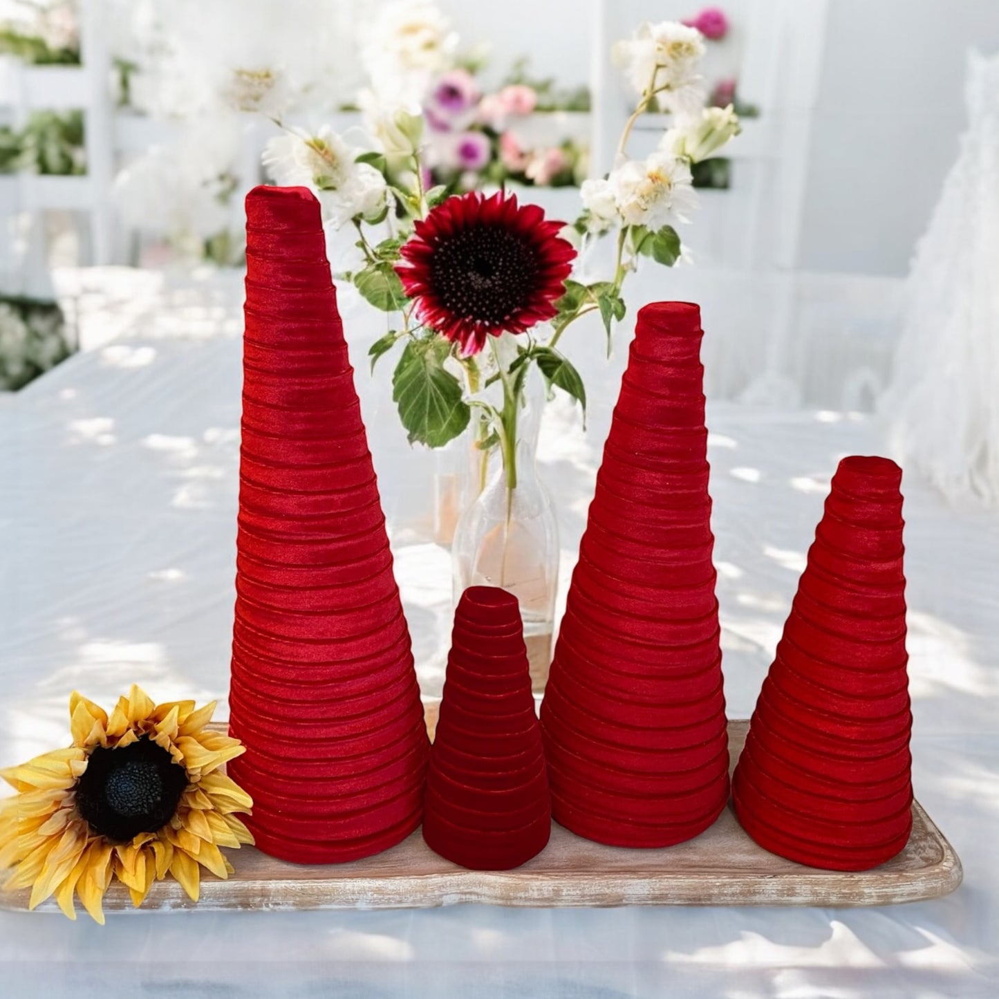 Decorative CONE Trees RED VELVET CANDY CANE Luxe Velvet Tree Sets of 4