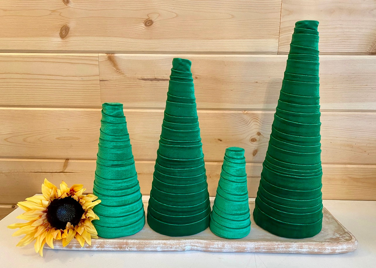 Decorative CONE Trees GREEN VELVET Luxe Handcrafted Tree Set of 4