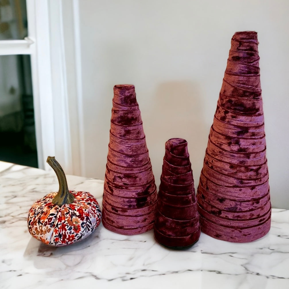 Decorative CONE Trees WINE VELVET Set of 3