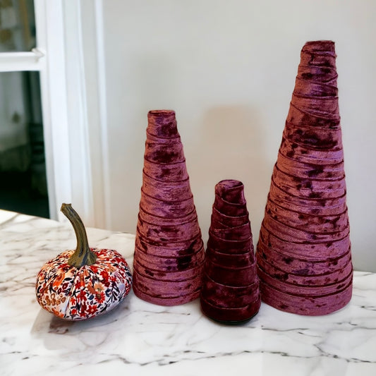 Decorative CONE Trees WINE VELVET Set of 3 Wedding Centerpieces Handcrafted Home Decor Shabby Chic Farmhouse Decor