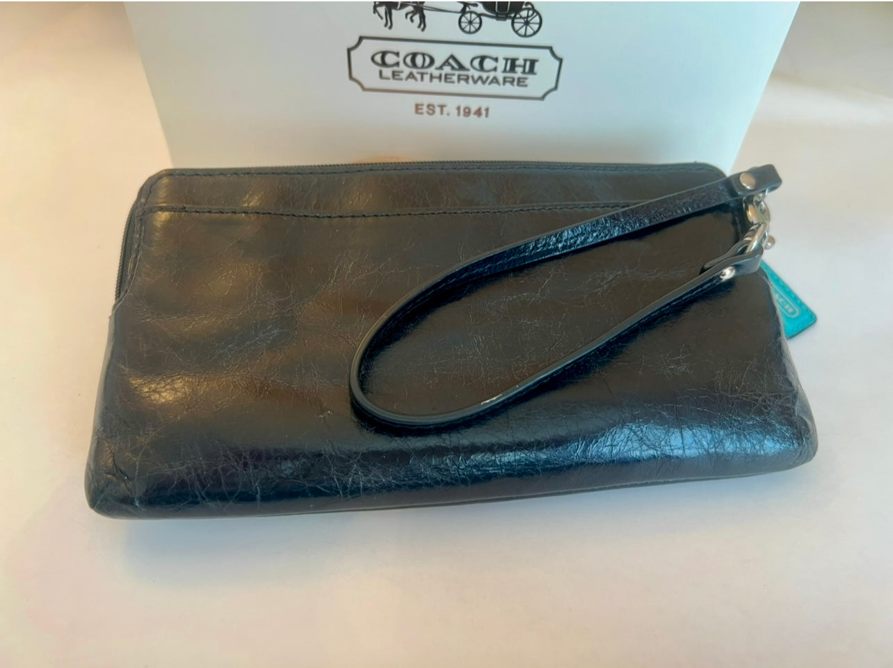 Vintage Coach Black Leather Double Zip Wallet Wristlet #47894 *New w/Box Receipt