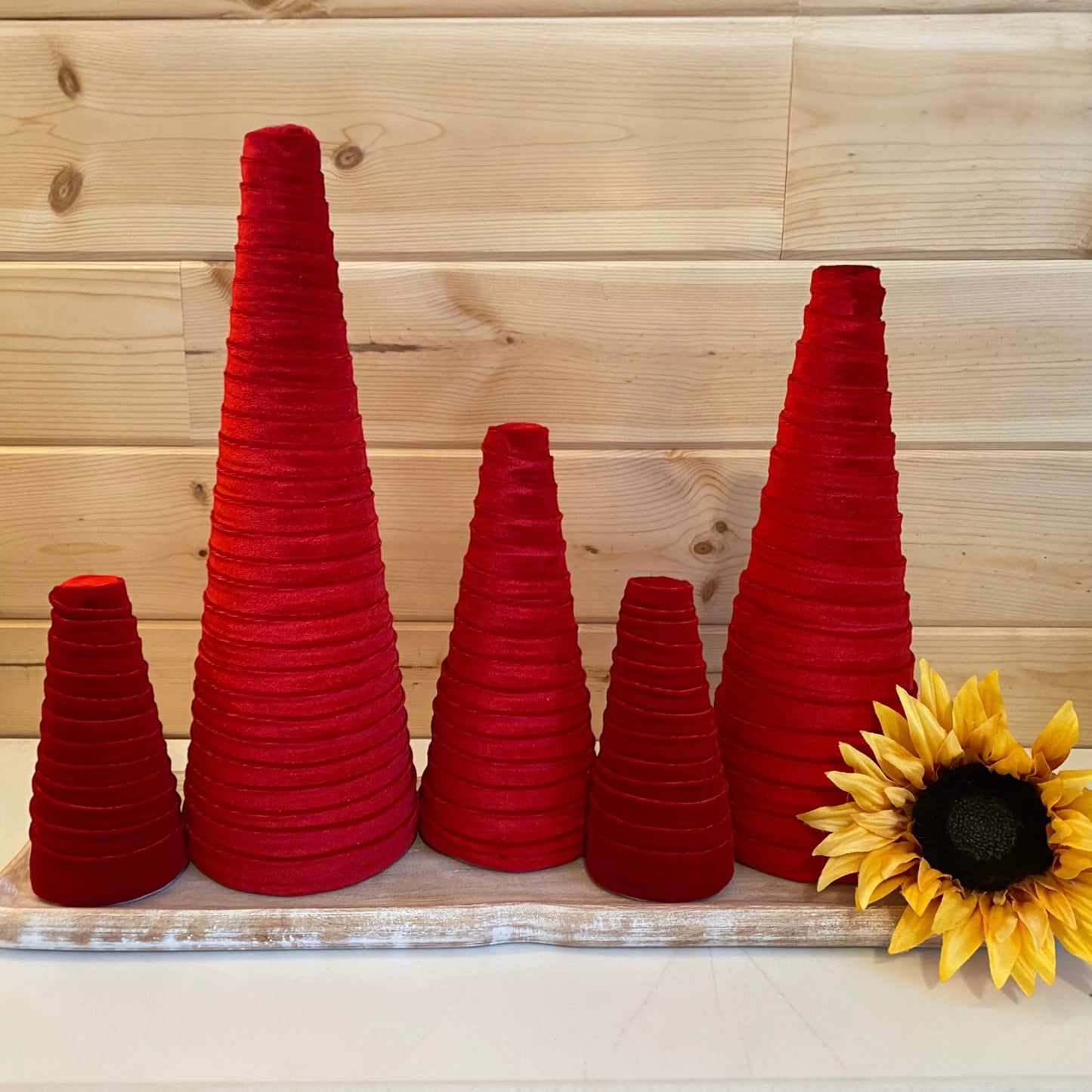 Decorative CONE Trees CANDY CANE RED VELVET Tree Set of 5