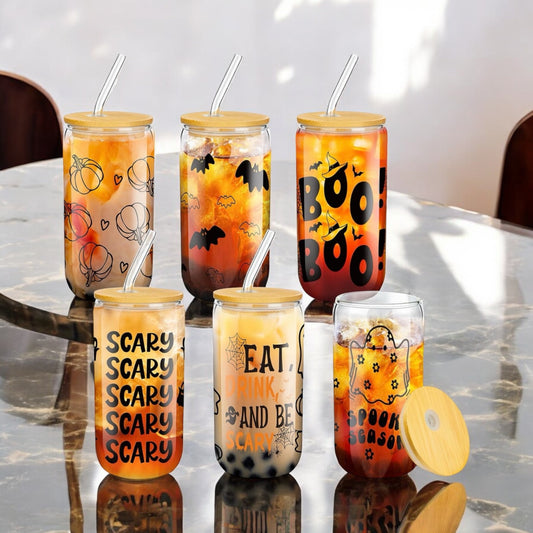 WHOLESALE REUSABLE GLASS TUMBLER CUPS - FUN HALLOWEEN PRINT - MUST ORDER 3 TOTAL SETS