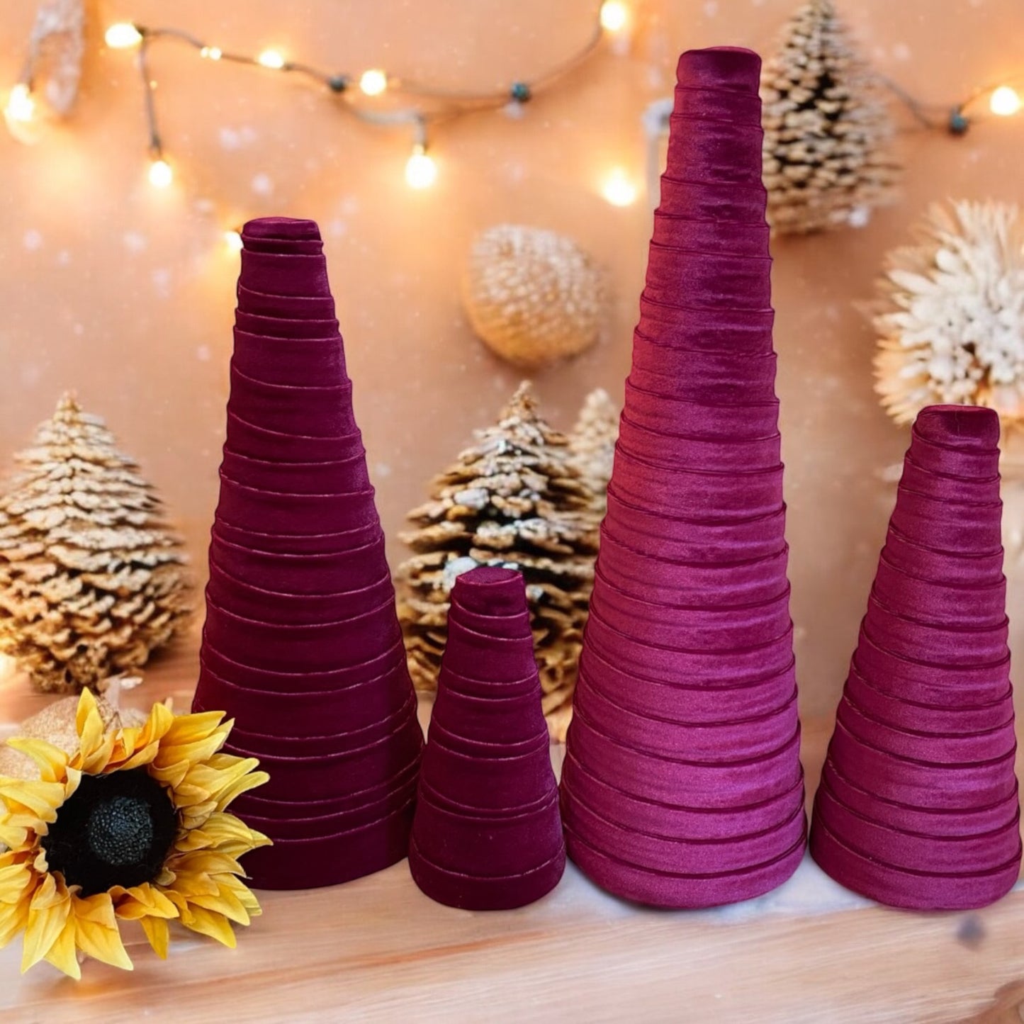 Magenta Velvet Cones Set of 4 Handcrafted Gift Set for Hostess Rustic Home Decor Modern Farmhouse Decor Wedding Centerpiece Shabby Chic Décor