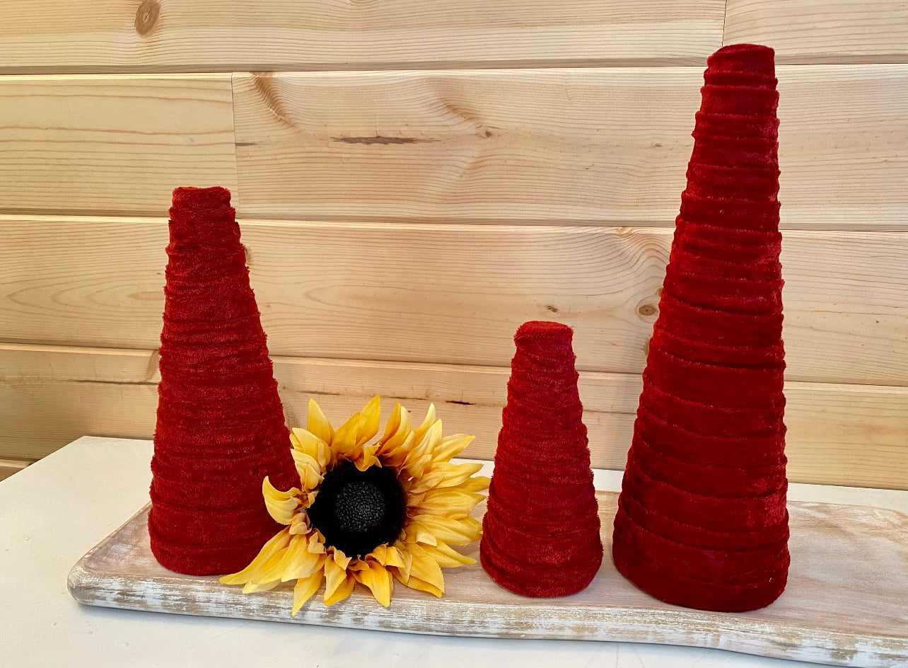 Decorative CONE Trees BRICK RED Crush Velvet Set of 3