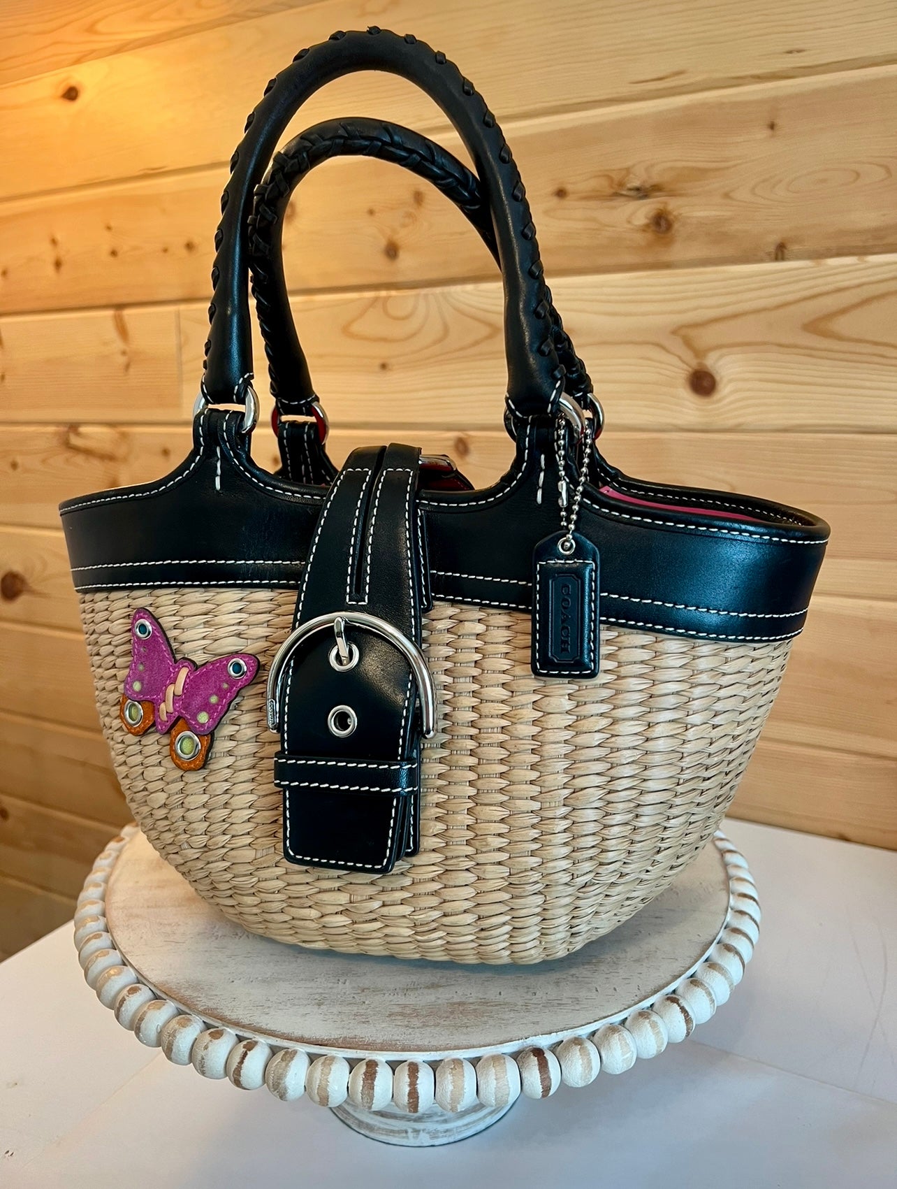 ‼️SOLD‼️ COACH Vintage Basket Purse Black Leather Trim with Pink Suede Butterfly 6270