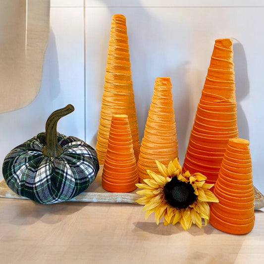 Decorative CONE Trees ORANGE VELVET Luxe Velvet Tree Set of 5