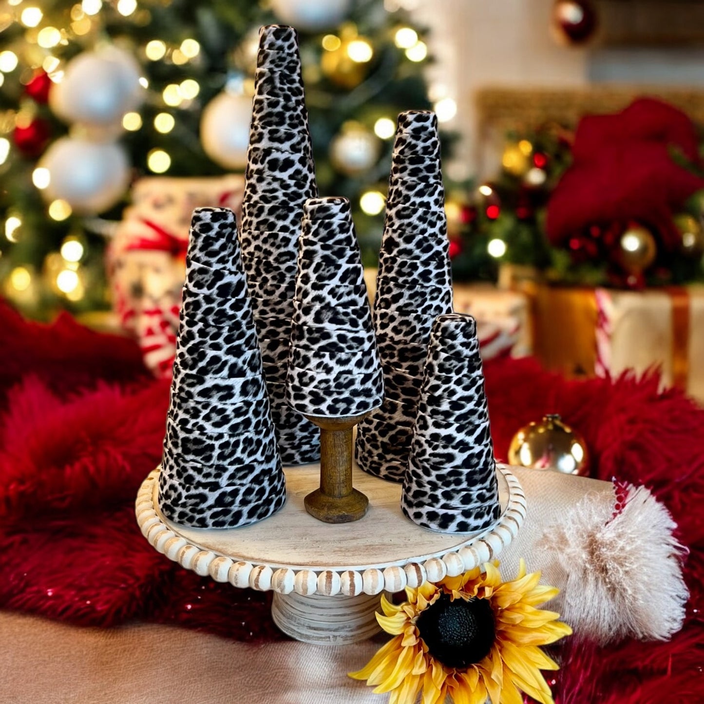 SNOW LEOPARD Print Fabric Decorative CONE Tree Wedding Centerpieces Spring Home Decor Holiday Gift Set of 5