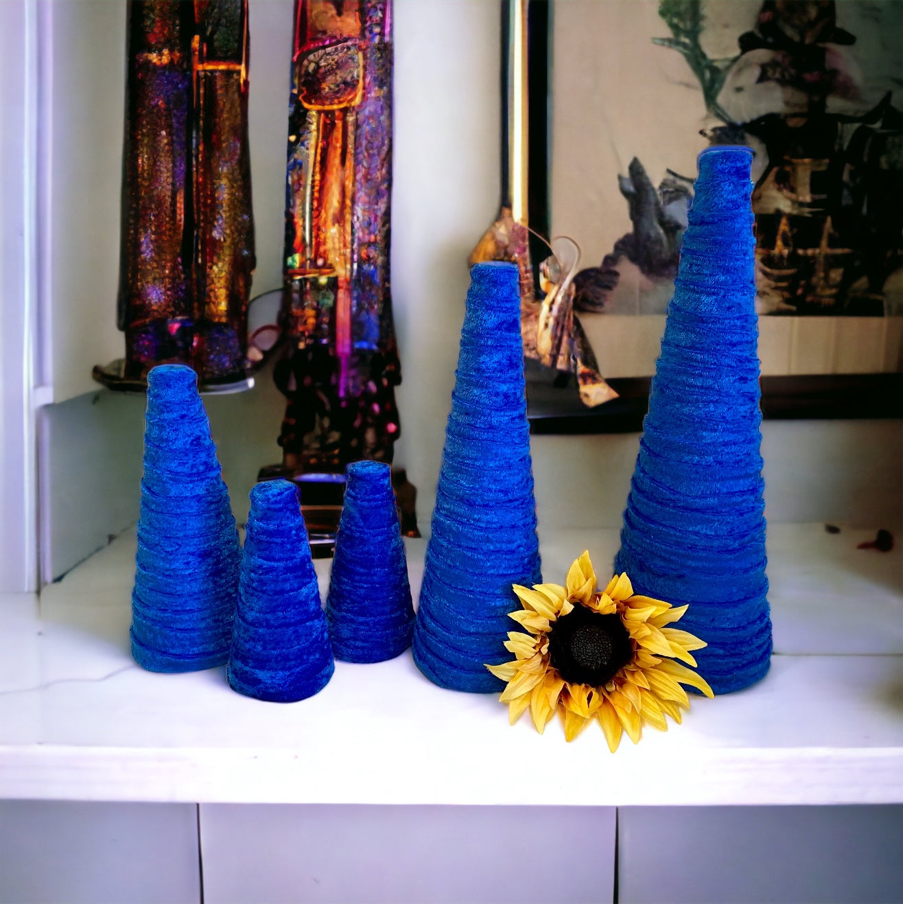 Decorative CONE Trees BLUE CRUSH Velvet Tree Set of 5