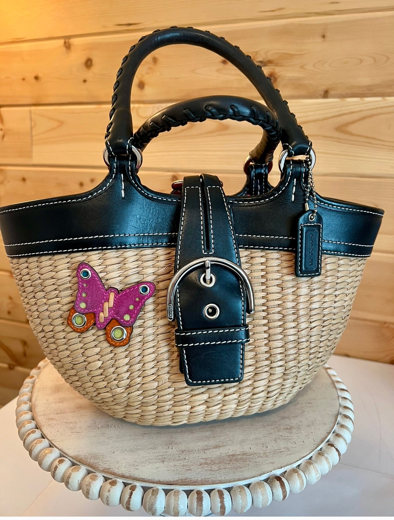 ‼️SOLD‼️ COACH Vintage Basket Purse Black Leather Trim with Pink Suede Butterfly 6270