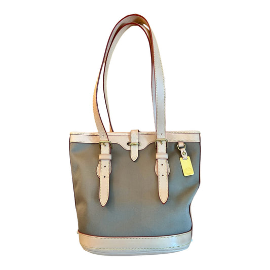 Dooney & Bourke Vintage Cabriolet Taupe Canvas & Florentine Leather Bucket Tote Shoulder Bag Made in the USA