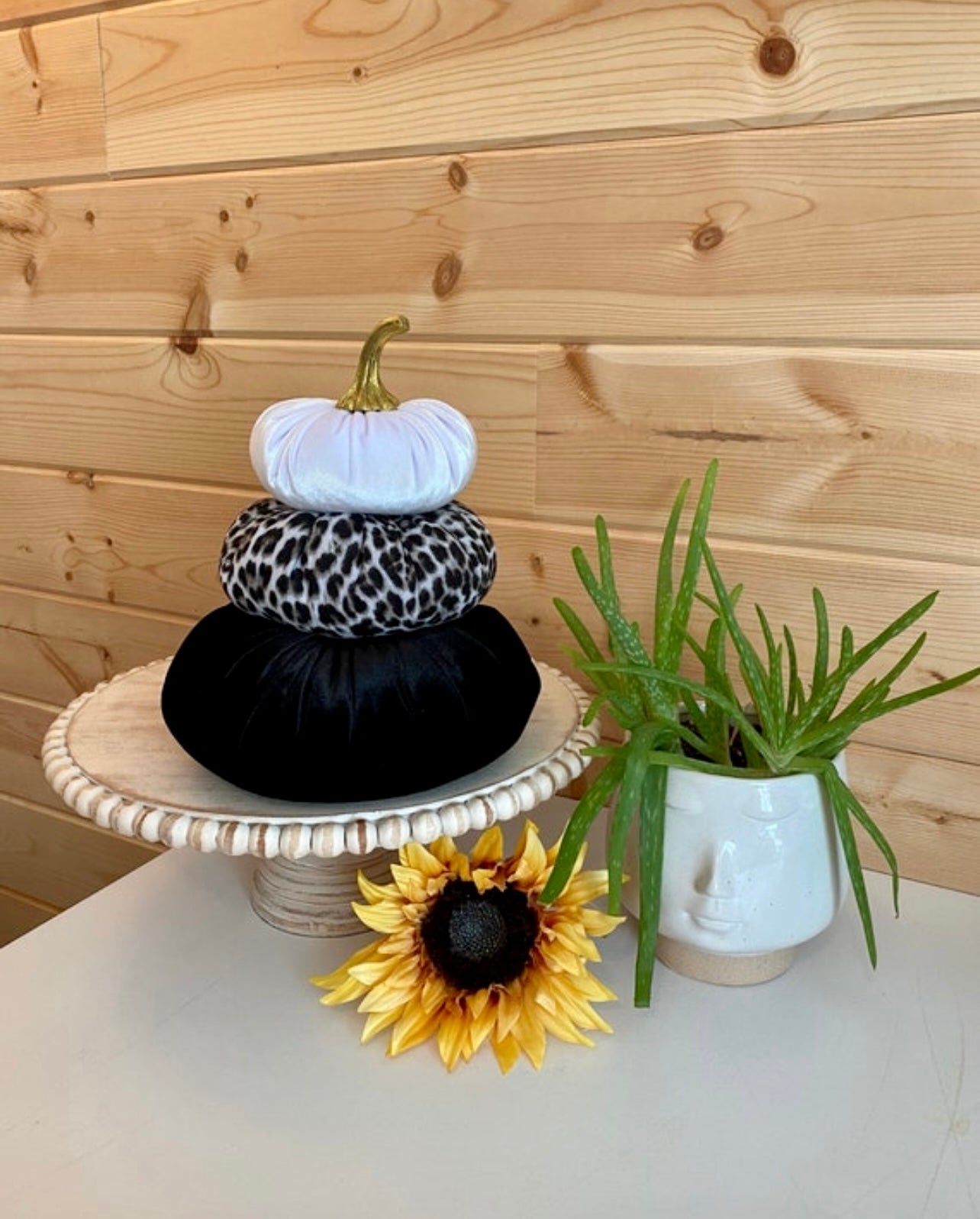 Tiered Pumpkin Stack - Velvet Animal Print White Snow Leopard