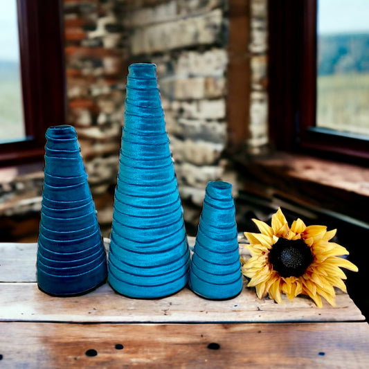 TEAL VELVET Decorative CONES Modern Holiday Home Decor Rustic Tablescapes Wedding Reception Centerpieces Set of 3 Cones