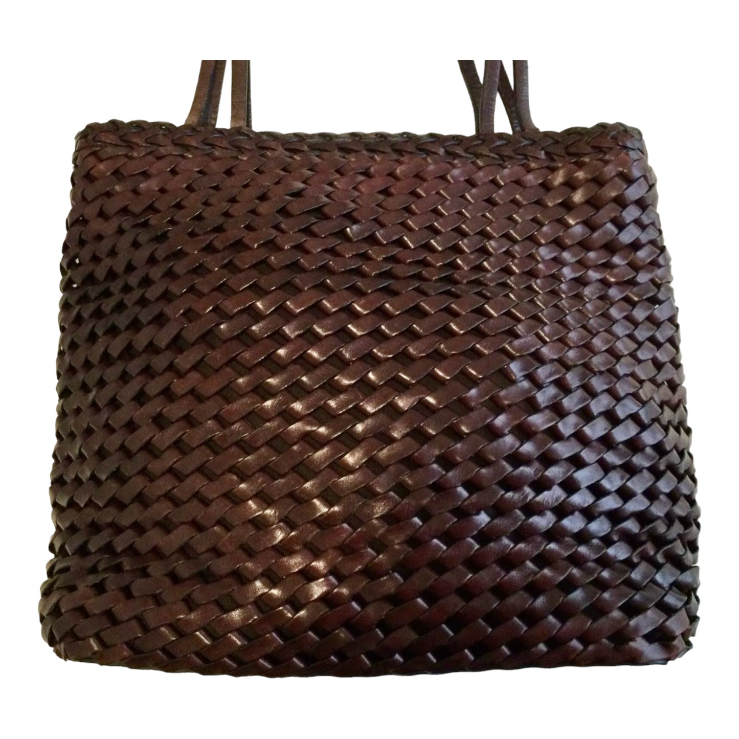 ‼️SOLD‼️ Woven Brown Leather Tote Bag Bucket Bag Fabric Lined by HOBO International