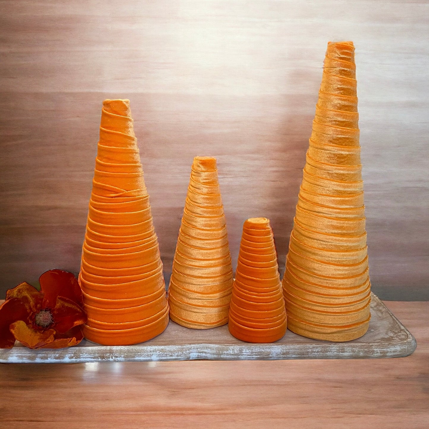 Decorative CONE Trees ORANGE VELVET Luxe Velvet Tree Sets of 4