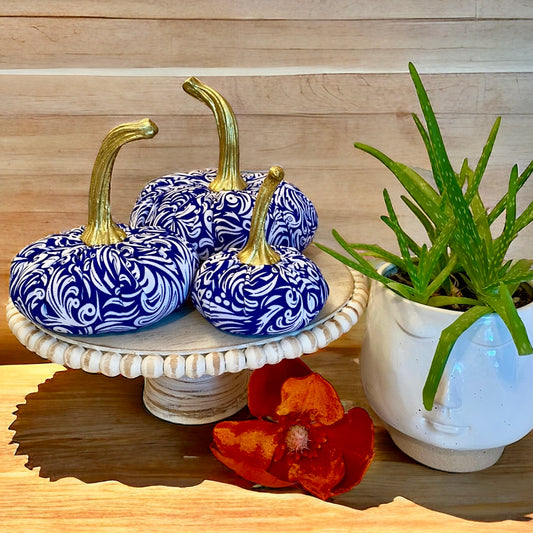 HANDCRAFTED BLUE and WHITE PRINT PUMPKIN SET of 3 - ELLA VINE INDIGO BLUE