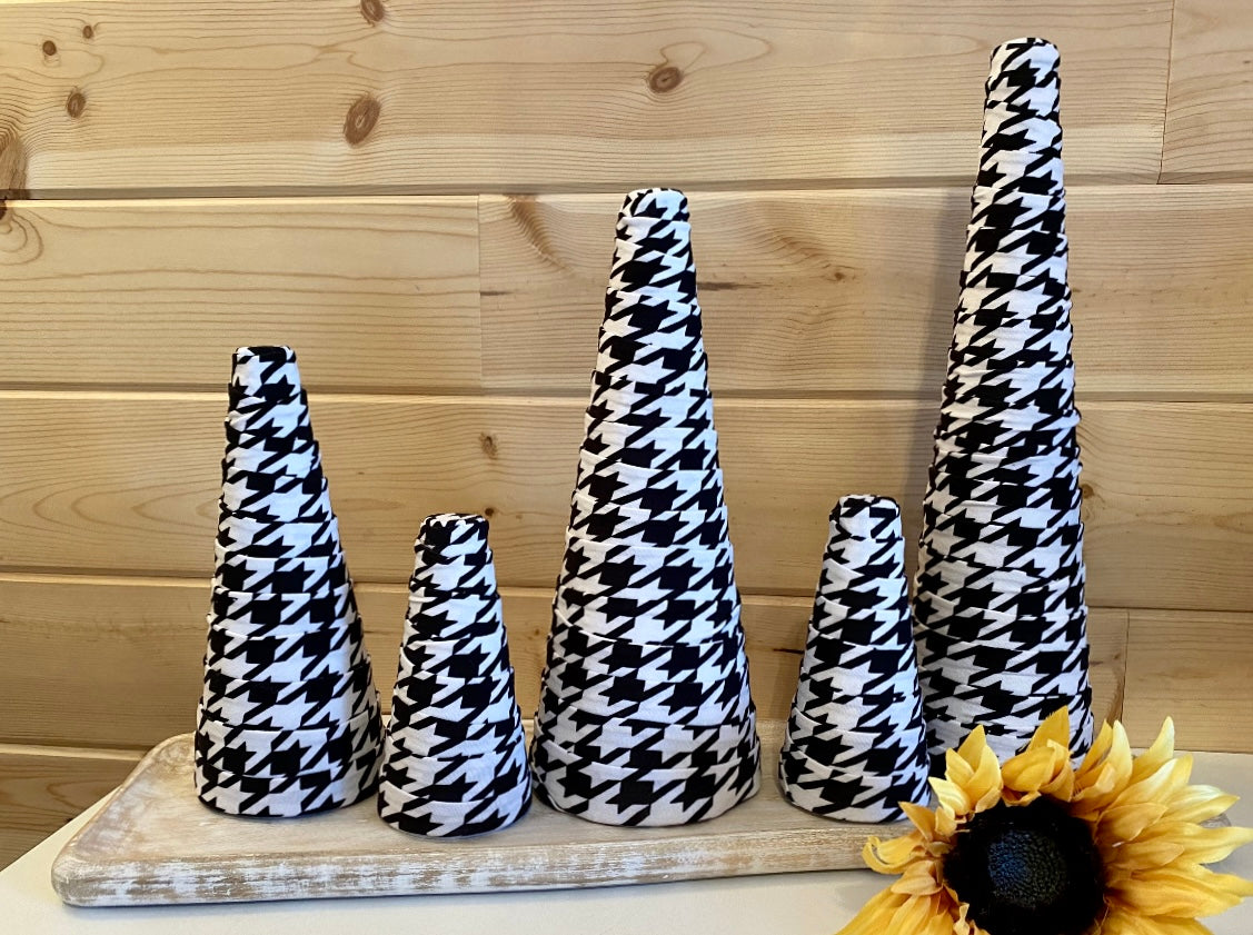 BLACK & WHITE HOUNDSTOOTH Print Fabric Decorative CONE Tree Wedding Centerpieces Spring Home Decor Holiday Gift Set of 5