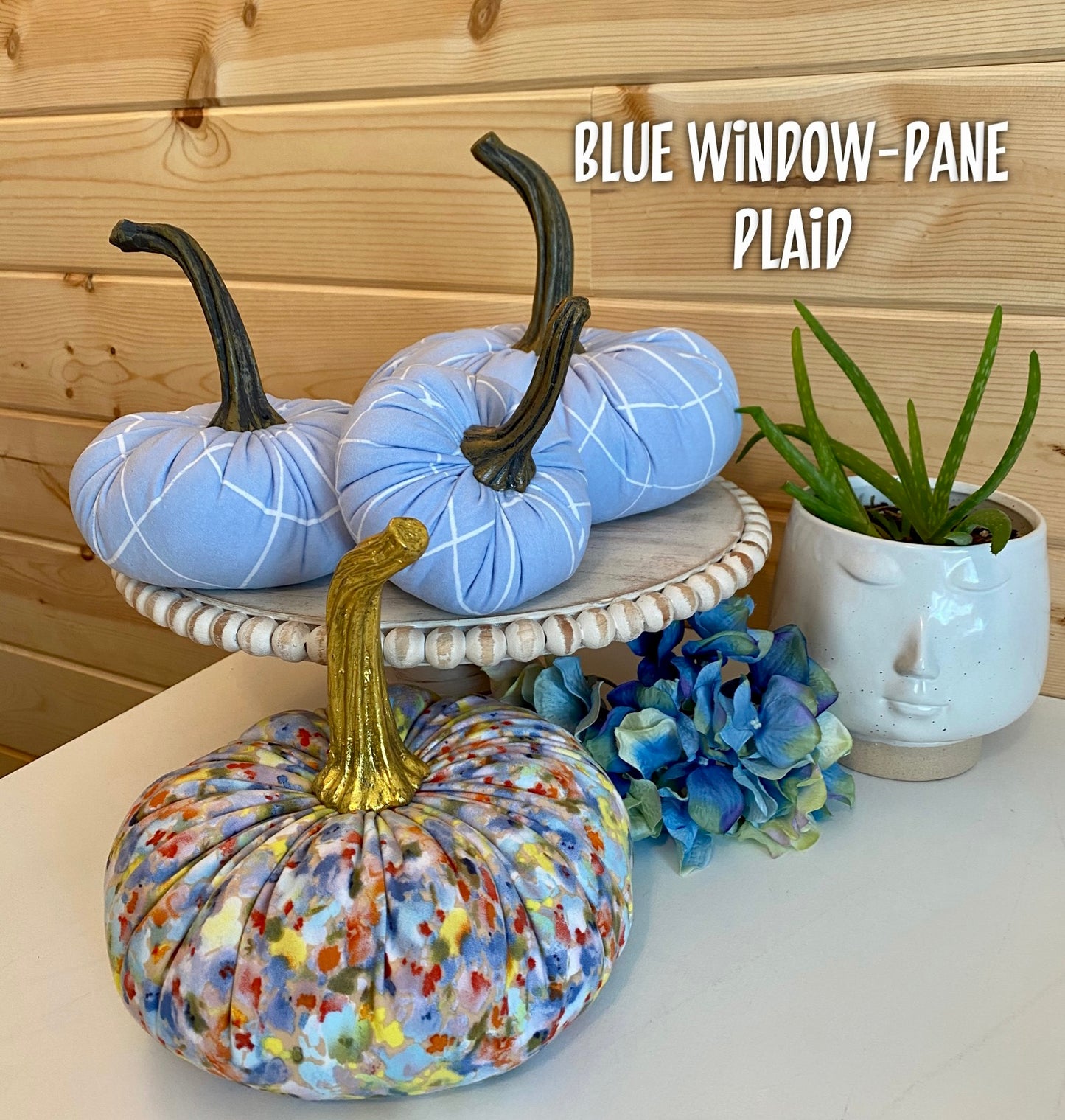 LARGE PUMPKIN - BLUE and WHITE WINDOW PANE PLAID