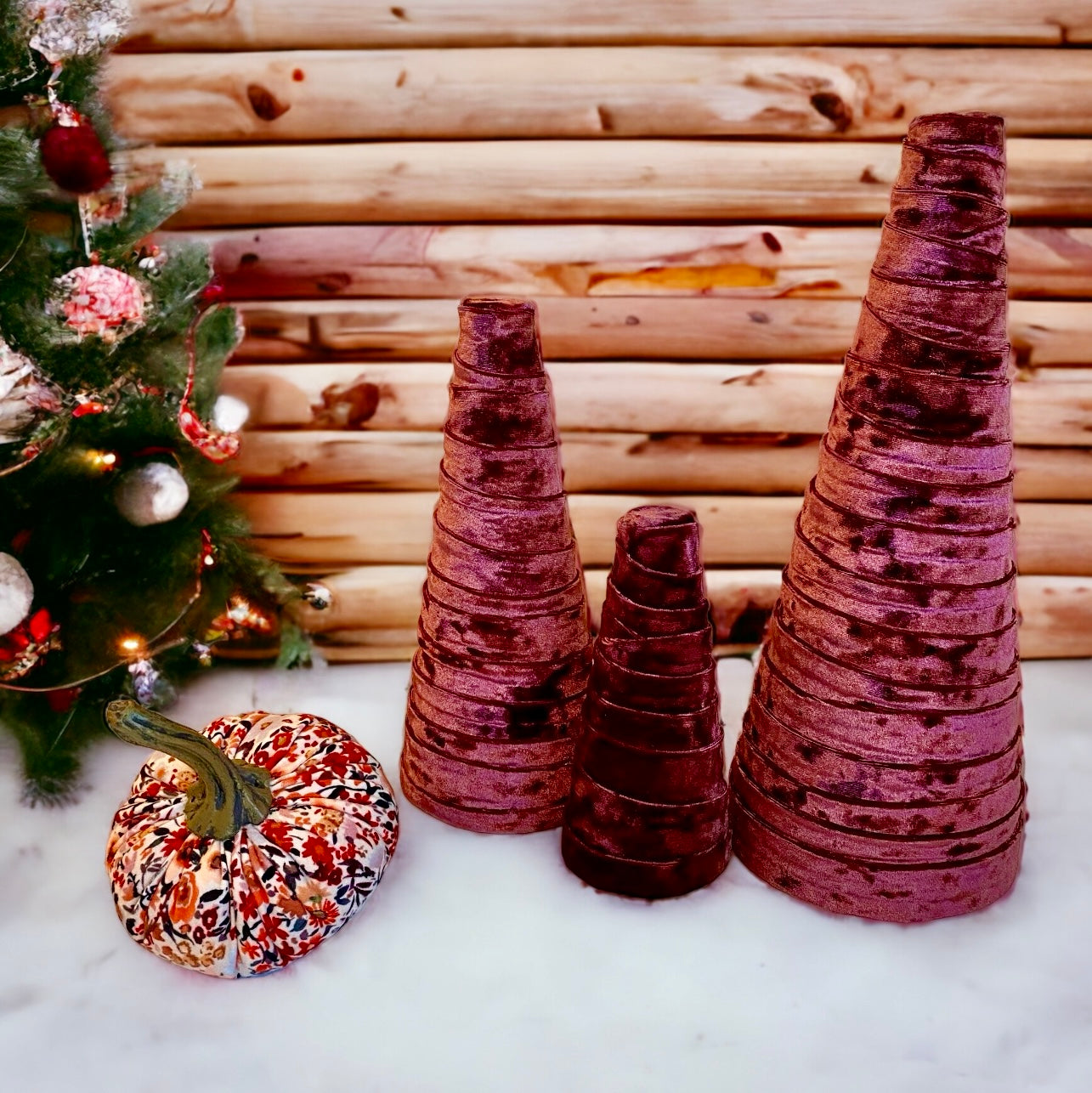 Decorative CONE Trees WINE VELVET Set of 3