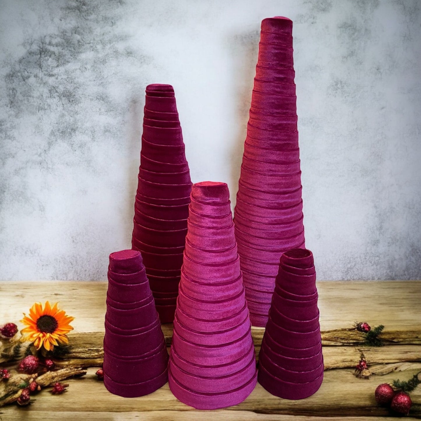 Decorative CONE Trees for Home Decor and Wedding Centerpieces Set of 5 MAGENTA VELVET Cones