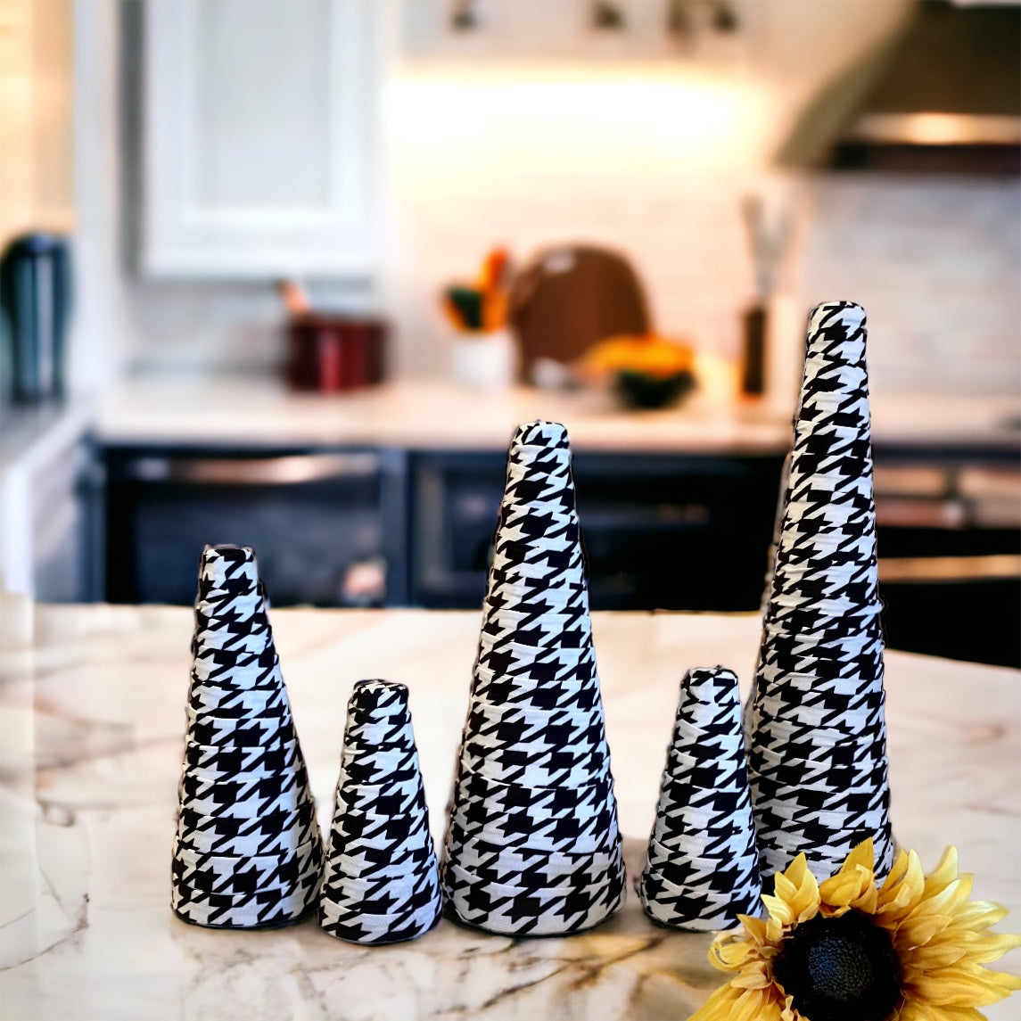 BLACK & WHITE HOUNDSTOOTH Print Fabric Decorative CONE Tree Wedding Centerpieces Spring Home Decor Holiday Gift Set of 5