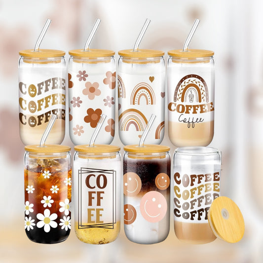 Glass 16oz Coffee Cup WITH Bamboo Lid and Glass Straw Boho Themed daisies rainbows coffee glassware for water  juice milk iced or hot drinks