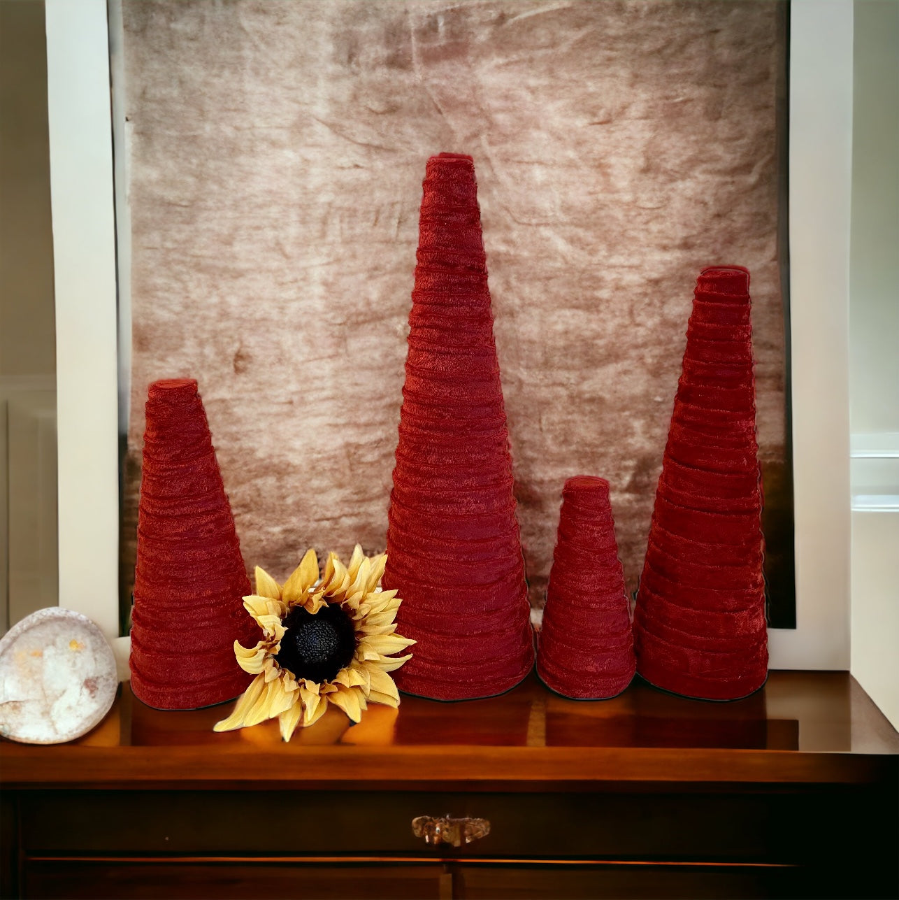 Decorative CONE Trees BRICK RED Crushed Velvet Trees Set of 4